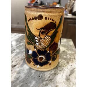 Signed Netzi Tonala Mexico Pottery Large Mug Bird Handle Tall Hand Painted stein